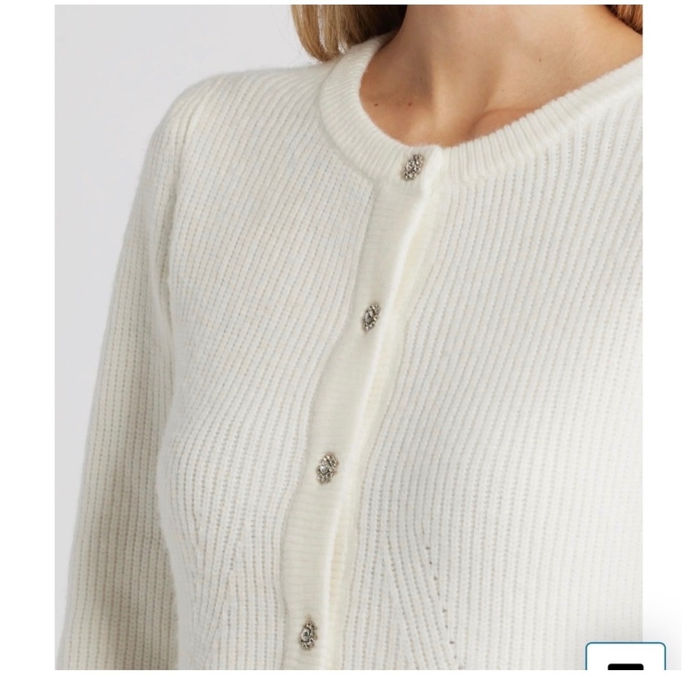 Sam Edelman White Peplum Cardigan Rhinestone Button Coquette Sweater Size M - Picture 2 of 10